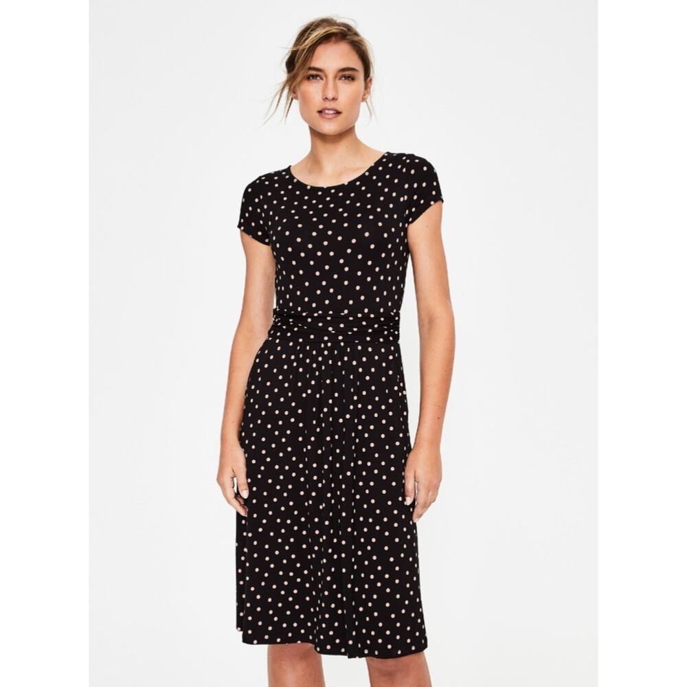Boden Jersey Midi Dress Women's Black Florrie Pink Polka Dotted Size 10R